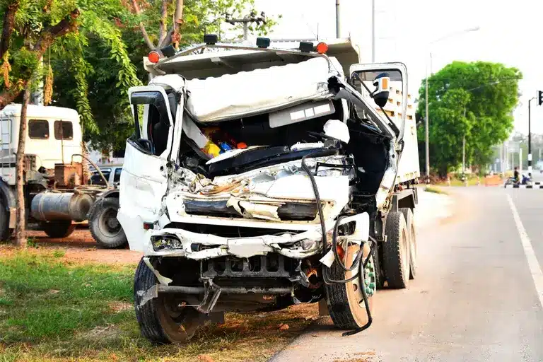 A damaged truck that was involved in an accident