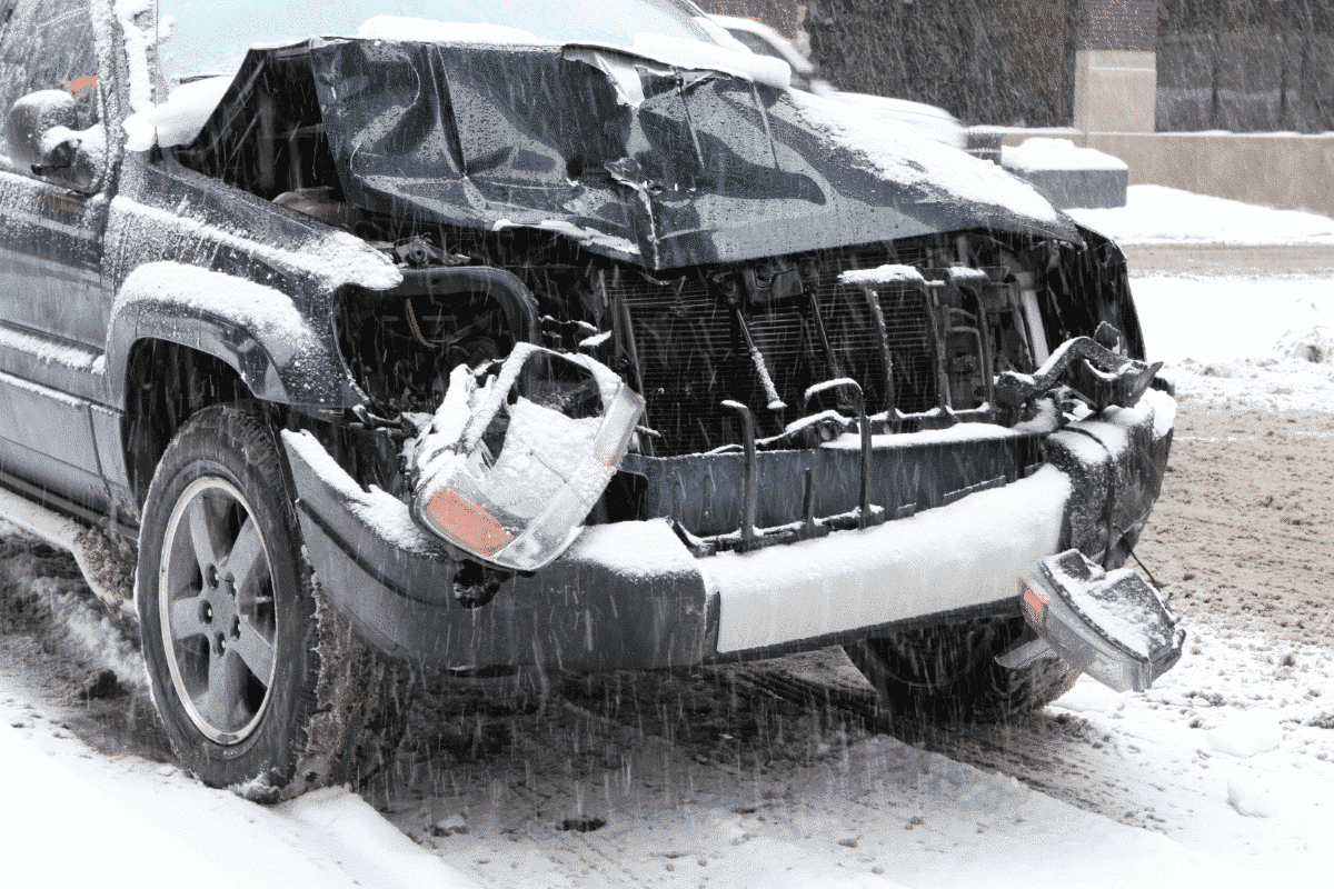 A vehicle involved in an accident with a damaged rear